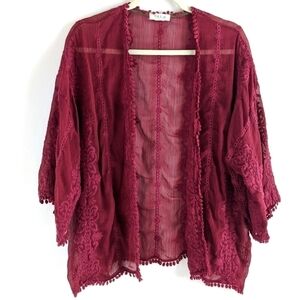 TAYLOR & Sage Sheer Lace Boho Cardigan Topper in Cranberry M